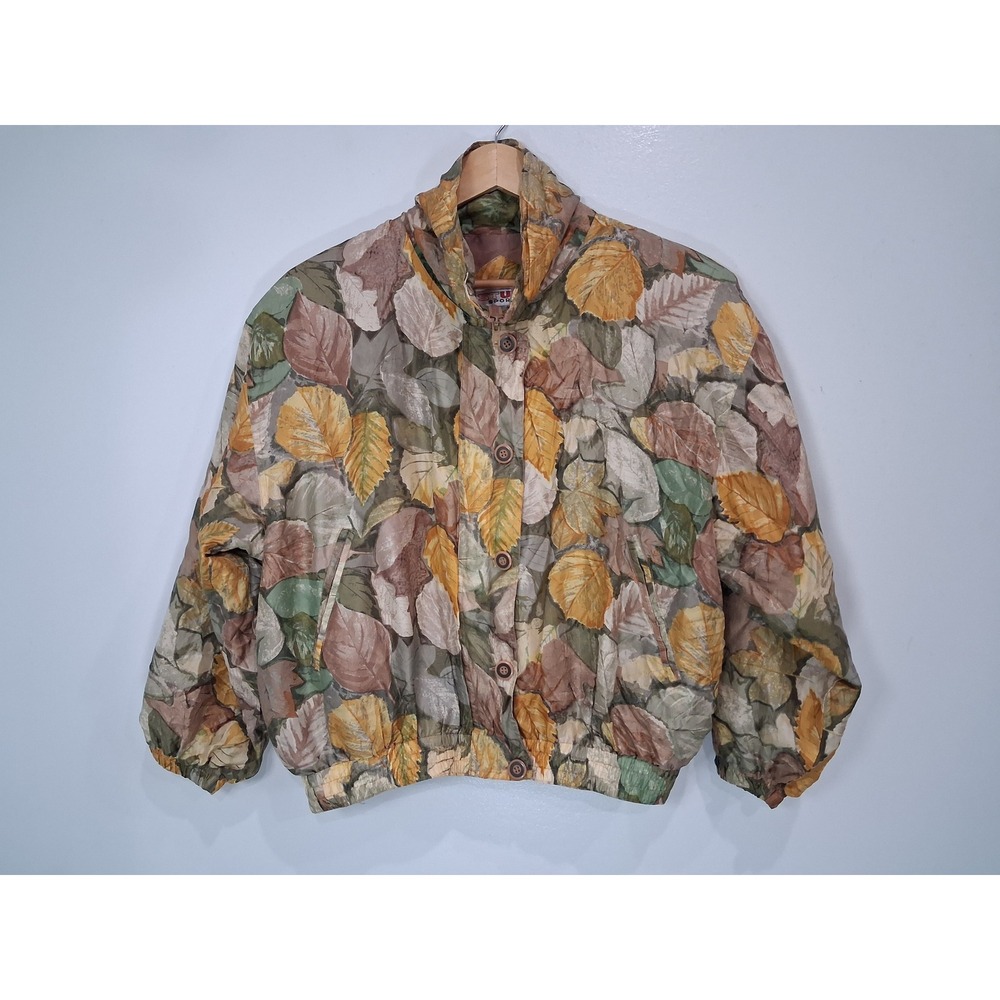 Stunt Sports Vintage 100% Silk Leaf Print Bomber Jacket Womens Petite M Camochic